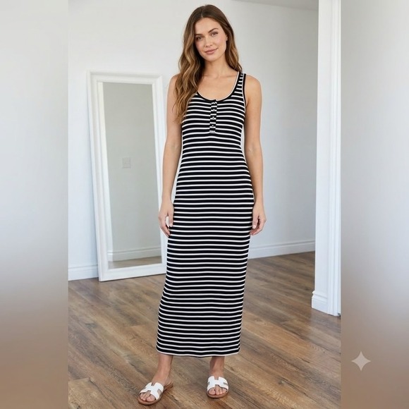 None Dresses & Skirts - Striped Black White Maxi Dress Henley Racerback Women Small